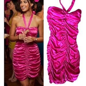 Taboo‎ Vintage 90s Y2K Fuchsia Ruched Halter Bodycon Mini Going Out Dress 9/10
